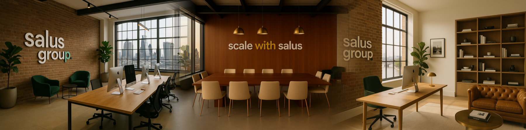 Salus Group London headquarters at 37 Lombard Street, City of London — three-panel interior view.